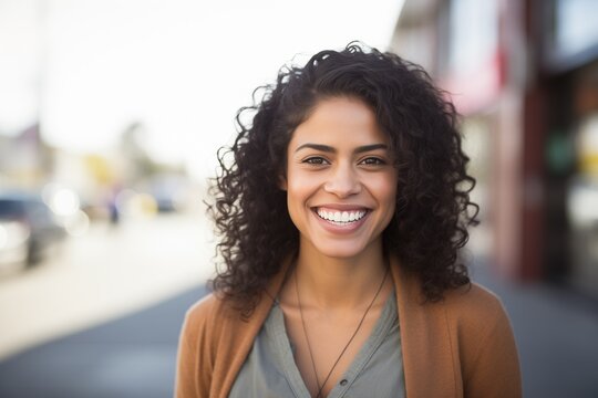 Hispanic woman smiling happy face portrait on a street