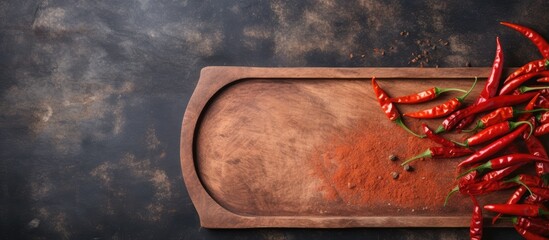 A rectangular wooden cutting board adorned with vibrant red peppers resembling automotive tail brake lights, showcasing a fusion of cuisine and art