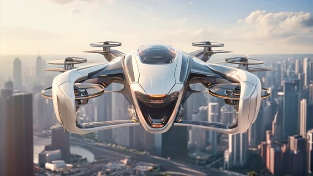 future transportation, passenger drone, futuristic manned roto passenger drone flying in the sky