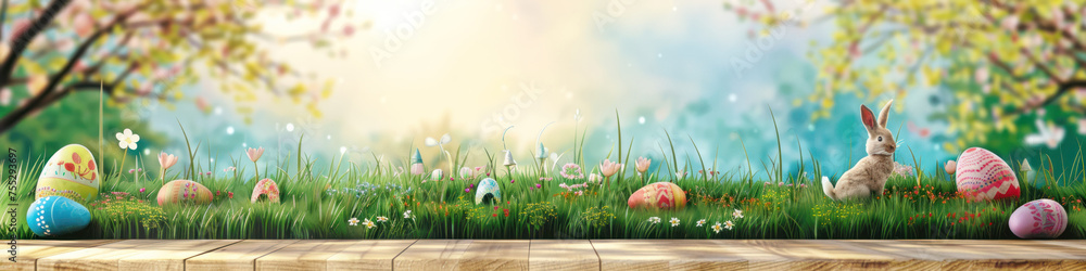 Aufkleber a wooden product display top with an easter background of painted eggs, rabbit and green grass and m