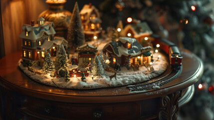 A small side table adorned with a miniature Christmas village complete with ling lights tiny figurines and a miniature train set chugging through the snowcovered scenery bringing