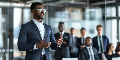 Fototapeta premium African-American businessman delivering a presentation to colleagues in a corporate office setting.