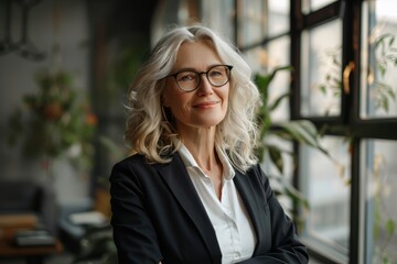 Happy business women wearing suit standing in office