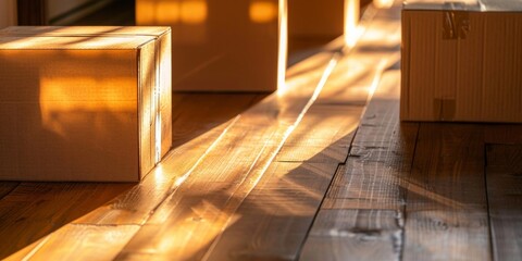 A cardboard box illuminated by warm sunlight, casting shadows on a wooden floor, evoking a sense of home moving or delivery.
