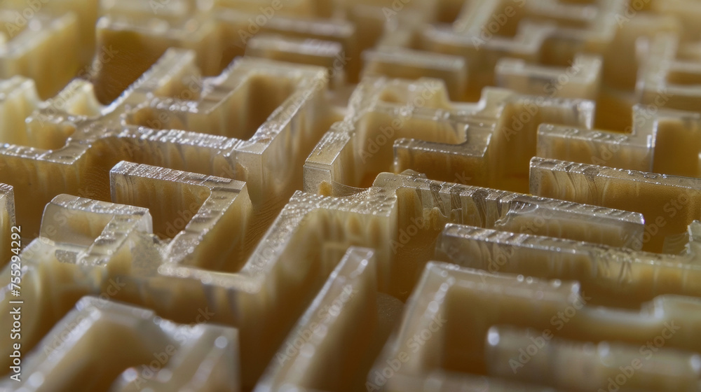Poster an extreme closeup of a small section of a waveguide showing the intricate network of tubes and chan