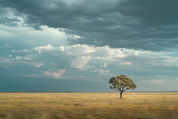 A lone tree in the vast savannah under a breathtaking sky.