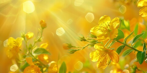 Vivid yellow flowers bask in sunlight with a warm bokeh effect, evoking freshness and growth.