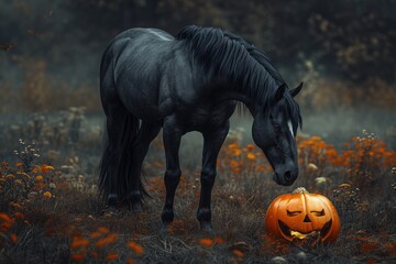Black horse with a halloween pumpkin 