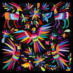 Ornate ethnic Mexican embroidery Otomi. Pattern with birds, animals and flowers on black background - 755294410