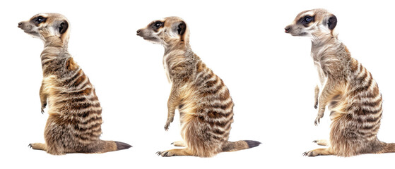 This selection depicts three meerkats in various alert and inquisitive postures, against a stark white backdrop for clear visibility