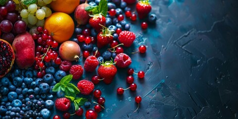 A colorful display of assorted fresh berries and fruits with a vivid blue textured background.