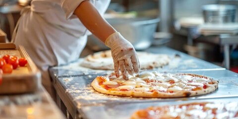 Obraz premium Chef skillfully adds toppings to a traditional pizza in a professional kitchen setting.