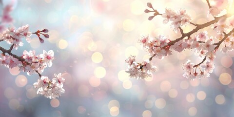 Branch of cherry blossoms in full bloom against a soft bokeh light effect, symbolizing spring.