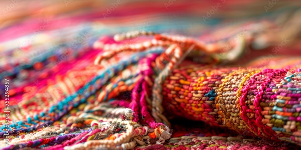 Poster close-up of colorful handwoven fabric with intricate textures and patterns.