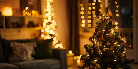 A warmly lit Christmas tree stands in a cozy living room, glowing with festive cheer and golden lights.