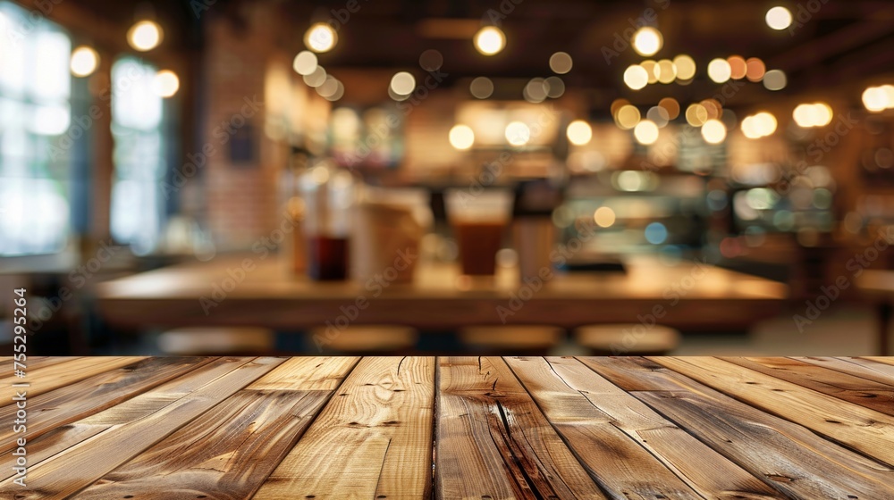 Poster stock image of a rustic wooden table with a coffee shop's bokeh lights in the background.