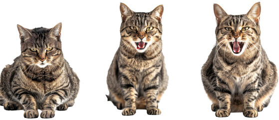 A sequence of a tabby cat sitting quietly then opening its mouth as if meowing or yawing