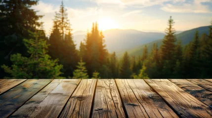 Foto op Canvas Wooden foreground framing a sun-dappled forest pathway, conveying depth and tranquility. © tashechka