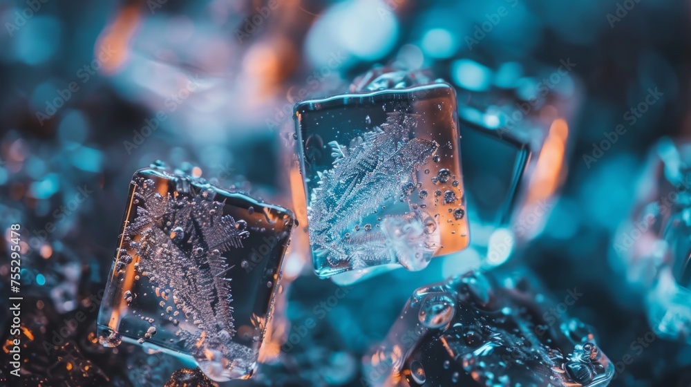 Aufkleber macro shot capturing the intricate patterns and bubbles inside clear ice cubes.
