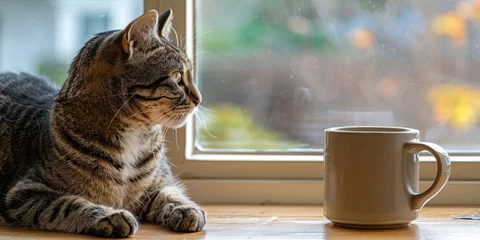 Foto op Canvas Contemplative domestic cat sitting by a window with a coffee mug, autumn scene outside. © tashechka