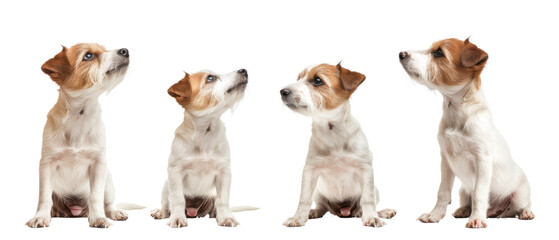 This stock image showcases four distinct sitting poses of cute and alert Jack Russell terrier...