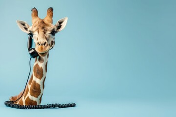 Business giraffe talking over the phone over a blue background, concept 