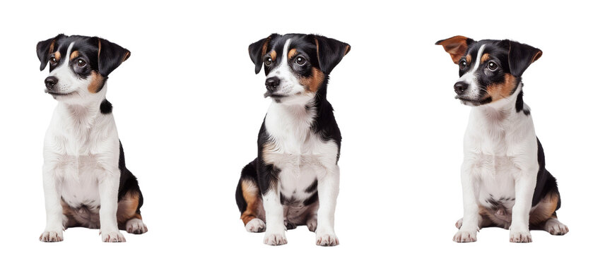 This quality image captures an Appenzeller Sennenhund puppy in three different standing and sitting poses