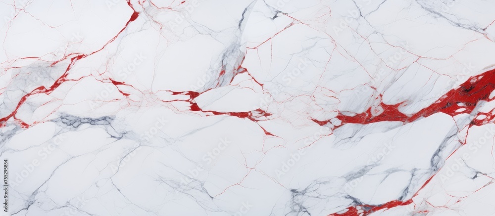 Poster a white carrara statuario marble surface is marbled with striking red streaks, creating a visually d