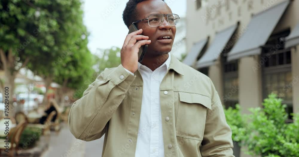 Poster business, city and black man with phone call, stress and internet with weak connection and error 404