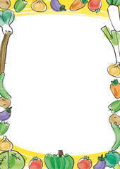 手描き水彩の可愛い野菜のフレーム_背景白・水彩筆_横