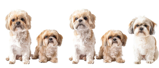 Trio of fluffy tan dogs with different poses, highlighting their soft fur and sweet expressions against an isolated backdrop