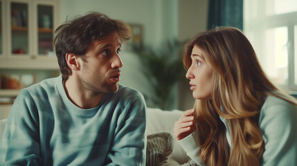 Emotional stressed young couple having argument at home. Portrait of angry irritated man and woman talking and looking at each other with annoyed. Relationship problems, family conflicts - obrazy, fototapety, plakaty