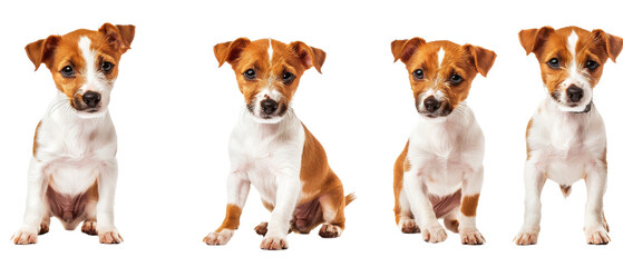 A quadruple image set showing a brown and white dog in different poses against a clean white background, perfect for versatile uses