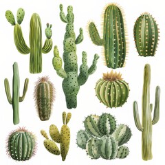 Clipart illustration with various types of cacti on a white background.
