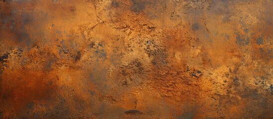 A detailed shot of a brown rusty metal surface resembling a natural landscape art piece. The rust forms an intricate pattern similar to fur or wood flooring, surrounded by grass and amber tones - obrazy, fototapety, plakaty