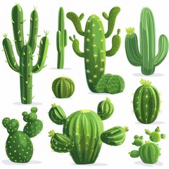 Clipart illustration with various types of cacti on a white background.