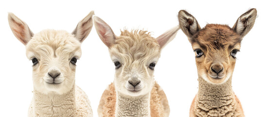 Sweet faces of three baby alpacas presented in high detail, their fluffy wool textures invoking a sense of gentleness and warmth on a bare background