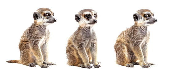 A captivating series of meerkat postures ranging from watchful to relaxed, capturing the essence of this alert and social animal against a white space - obrazy, fototapety, plakaty