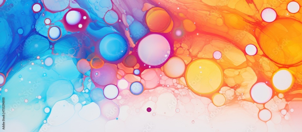 Poster the vibrant image features a multitude of bubbles in various sizes and colors, creating a lively and