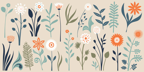 Hand drawn plant elements, flowers and leaves, vector design