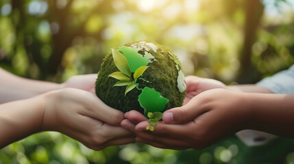 green friendly eco Hands of business people Embracing Green Globe. Protecting Planet Together. Environment Earth Day. Responsibility for the environment.