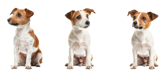 A brown and white dog shown in three different poses with its face covered, depicting playfulness on white background
