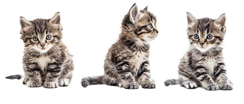 Three adorable kittens with striking patterns and cute expressions sitting together against a white background