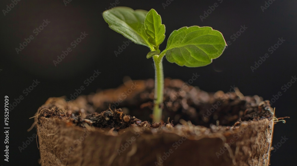 Aufkleber a macro image of a seedling growing out of a biodegradable bioplastic pot demonstrating how the use 