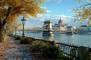 chain bridge on Danube river Budapest cityscape .