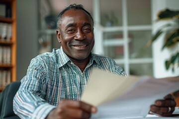 Successful mature experienced financier, business man behind paper work smiling and looking at camera, african american man at workplace reviewing contracts, accounts and reports, Generative AI