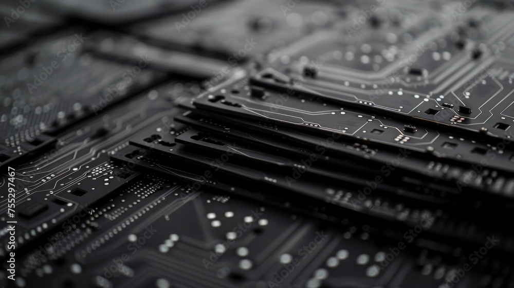 Poster a stack of matte black circuit boards each intricately covered with microscopic lines and pathways o