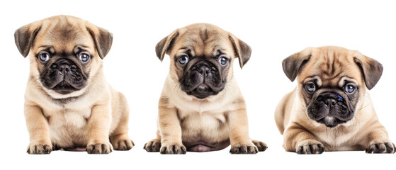 A trio of pug puppies with big, soulful eyes sitting on white background, showing cuteness and innocence