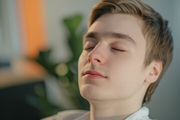 Close-up photo. Portrait of a handsome young man who closed his eyes and rests at the workplace. Sitting relaxed in the office, Generative AI