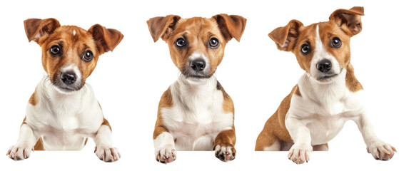 Trio of cute beagle puppies playfully interact with blank panels covering their faces, suggesting mischief and fun